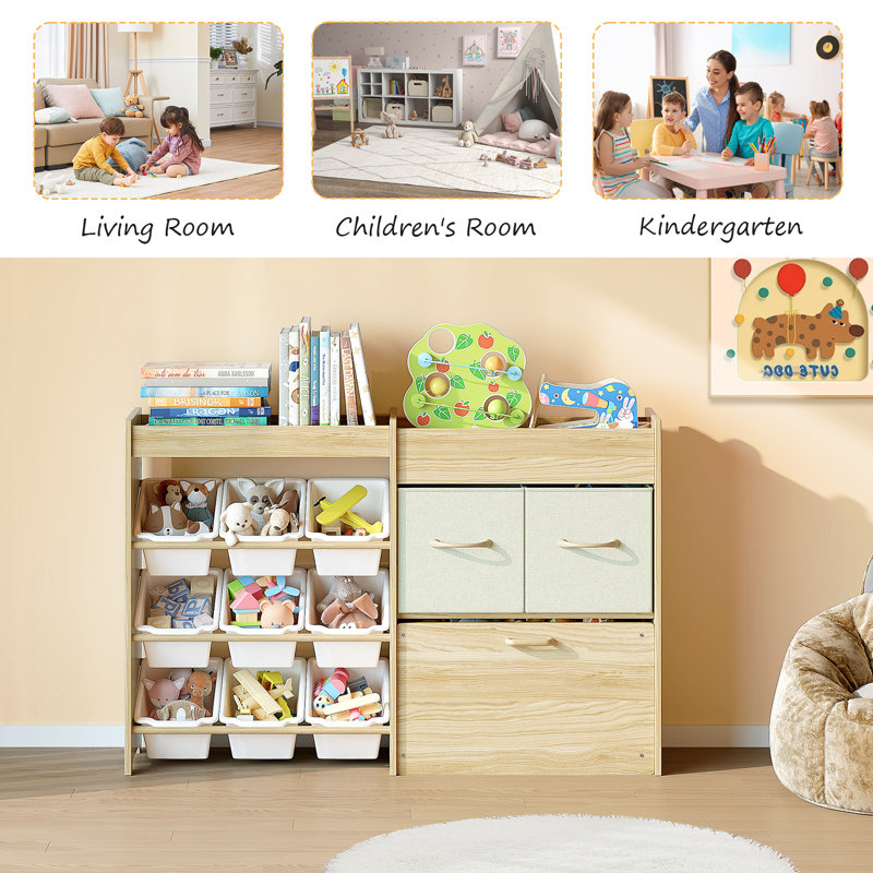 Solid Pine Wood Toy Organizer - Toy Organizers And Storage, Toy Storage With Bins And Drawers, Toy Storage Organizer For Kids Room, Playroom, Nursery
