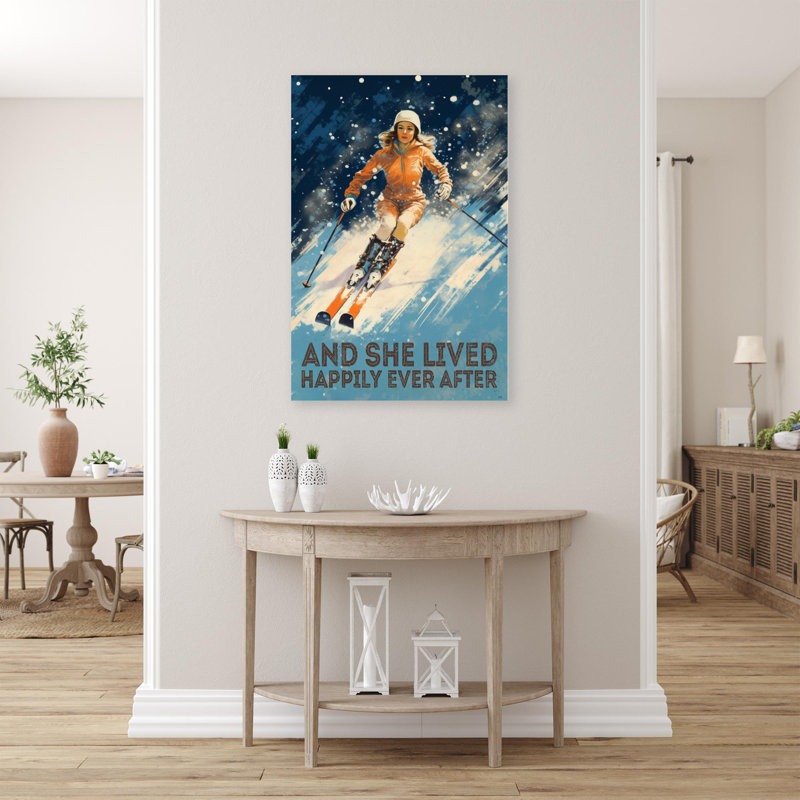 «Girl Skiing Nad She Lived Happily», reproduction d'art graphique sur toile tendue 1 pièce, H 20 po x l 16 po x P 1,25 po