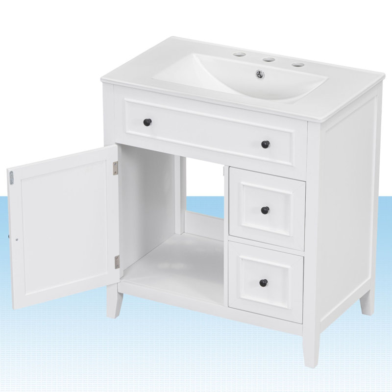 Cardello 30 " W Freestanding Standard Free Standing 1 Single Vanity Bathroom Vanity With Ceramic Top, White, Black