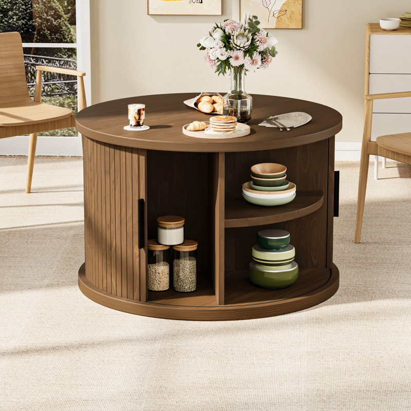 Round Coffee Table with Storage,31.5" Fluted Coffee Table with 360° Curved Sliding Door,Farmhouse Fluted Wood Accent Coffee Table for Living Room, Walnut
