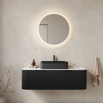 Meuble-lavabo 48 po avec lavabo, meuble de rangement mural à bords arrondis avec 2 tiroirs, lavabo rectangulaire en céramique noir, sans robinet, pré-assemblé, couleur noire