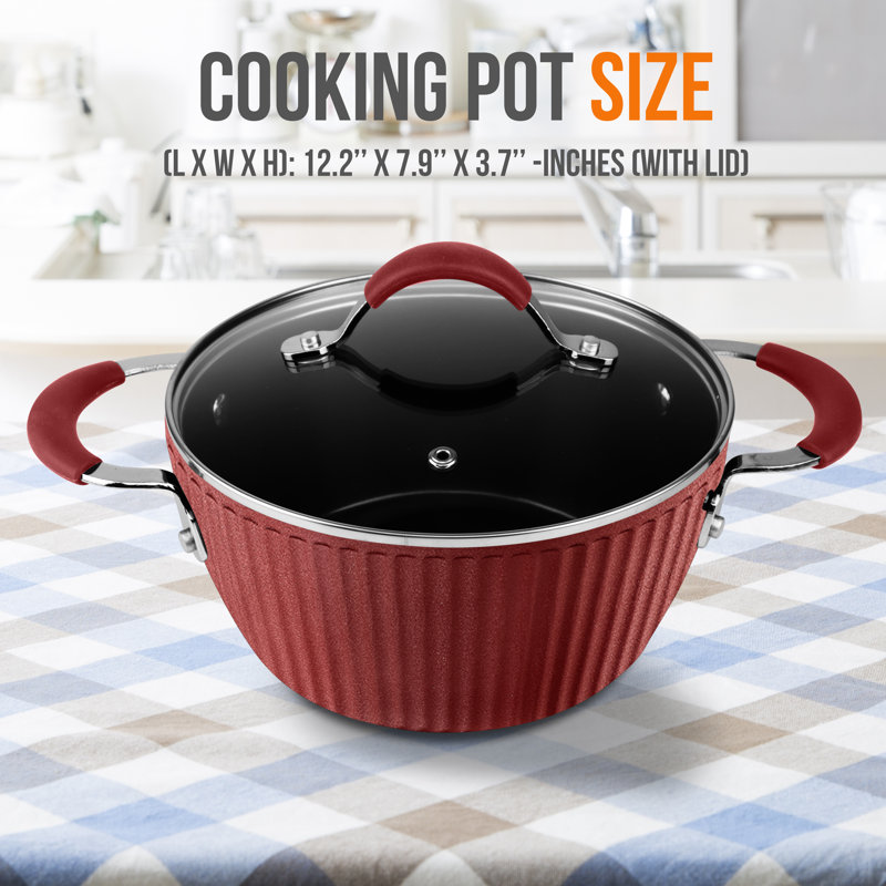 Red Lacquered Aluminum Cooking Pot with Glass Lid, 2.1 Quart