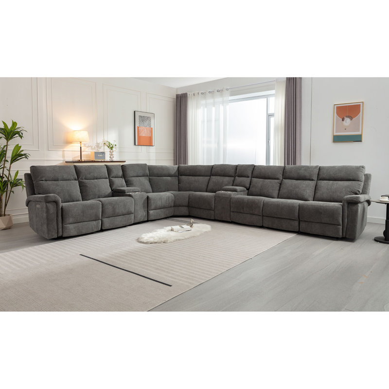 Canapé modulaire à dossier inclinable électrique 10 pièces avec support lombaire réglable, Mélange de polyester gris