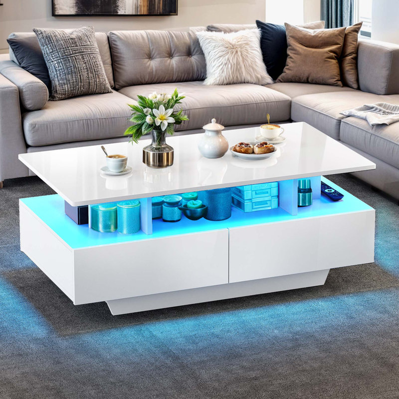 Curtisville Rectanguler LED Coffee Table with Ample Storage and 4 Spacious Drawers for a Stylish Living Room, White