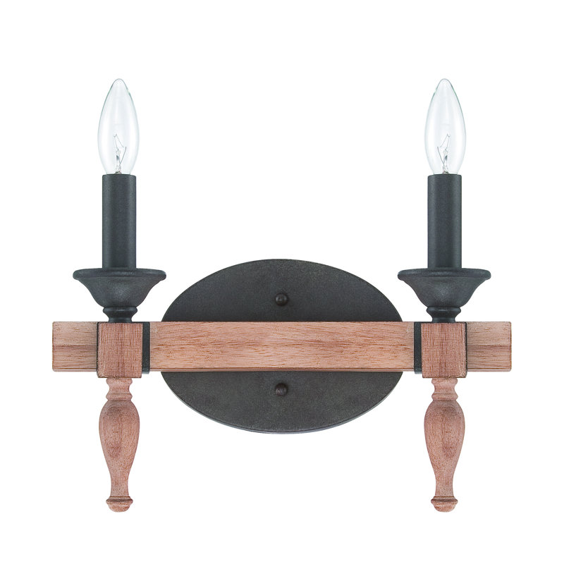 14"W 2-Light Aged Bronze and Distressed Oak Finish Bathroom Vanity Light Fixture