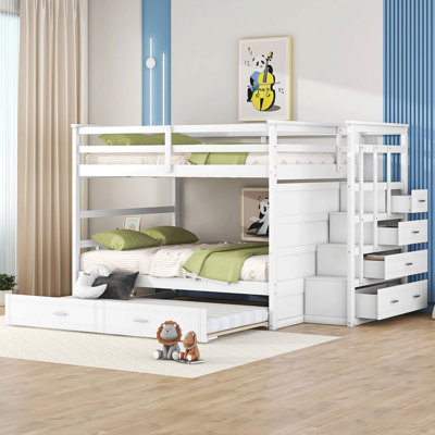 Structure de lit superposé en bois avec escalier de sécurité, 4 tiroirs de rangement et lit gigogne escamotable pour la chambre à coucher