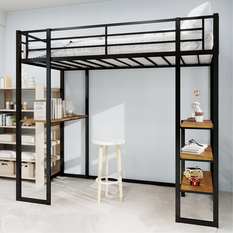 Lit simple en fer noir avec rampe et bureau en L pour chambre d'enfant, robuste, peu encombrant et fiable, Noir