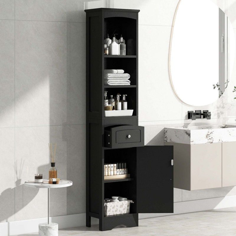 Armoire de salle de bain haute, armoire de rangement autoportante avec tiroir, panneau de fibres à densité moyenne, tablette réglable