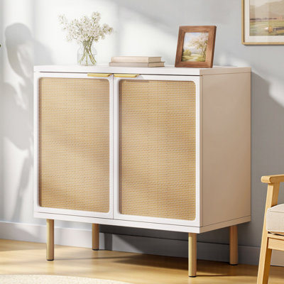 Bilal 31.5" Wide 2-door Rattan Accent Cabinet With Golden Rubber Wood Legs by Lark Manor