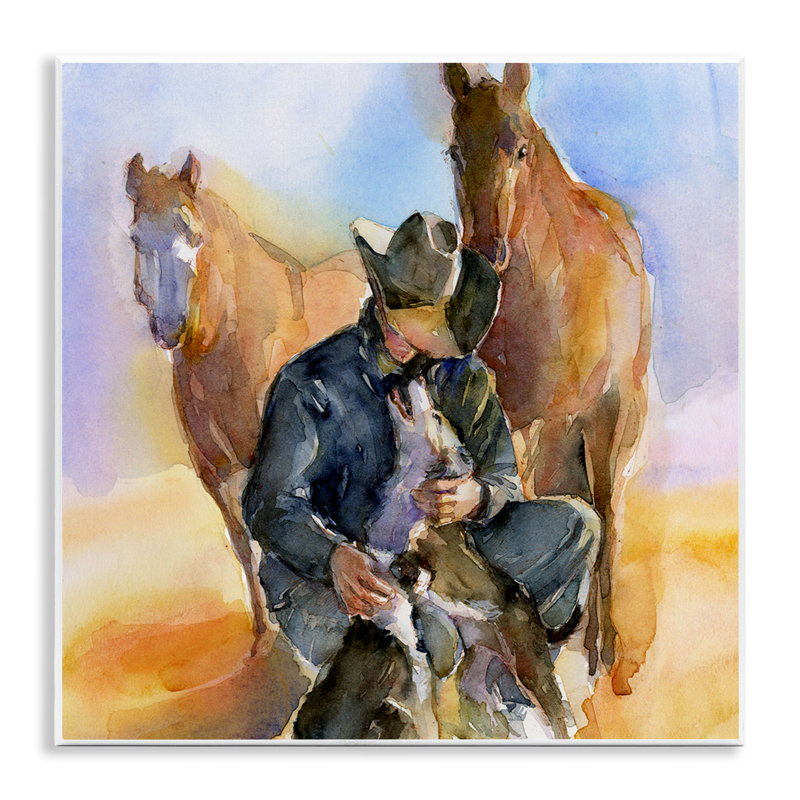" Cowboy & Animals Watercolor " by John Keeling, 12" H x 12" W x 0.5" D