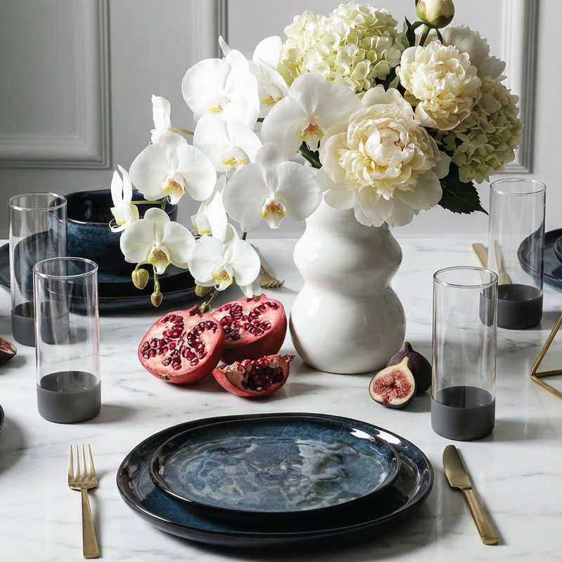 Stone Lain Mirella 16-Piece Dinnerware Set Stoneware, Borosilicate Glass, Blue