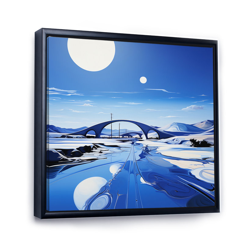 Pont bleu moderne, paysage II - impression, H 16 po x l 16 po x P 1 po, Cadre flottant noir