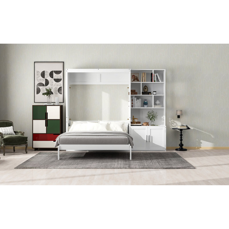 Lit double blanc avec de nombreuses tablettes et armoires de rangement - Combinez fonctionnalité moderne dans la chambre à coucher