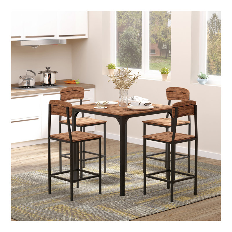 Ensemble de table de bar à hauteur de comptoir pour 4 personnes, ensemble de table de cuisine carrée et chaises avec repose-pieds, pieds en métal, ensemble de table de salle à manger industriel pour 4 personnes, noyer