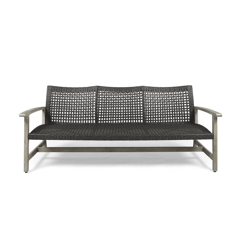 Grey 3-seater Outdoor Acacia Wood Wicker Sofa - Patio Conversation Furniture With Iron Accents For Backyard/deck, Gray