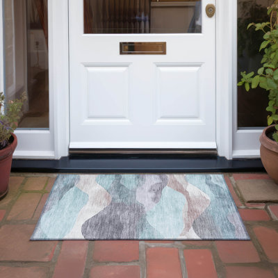 Machine Washable Indoor/Outdoor Xhevrie Teal Rug