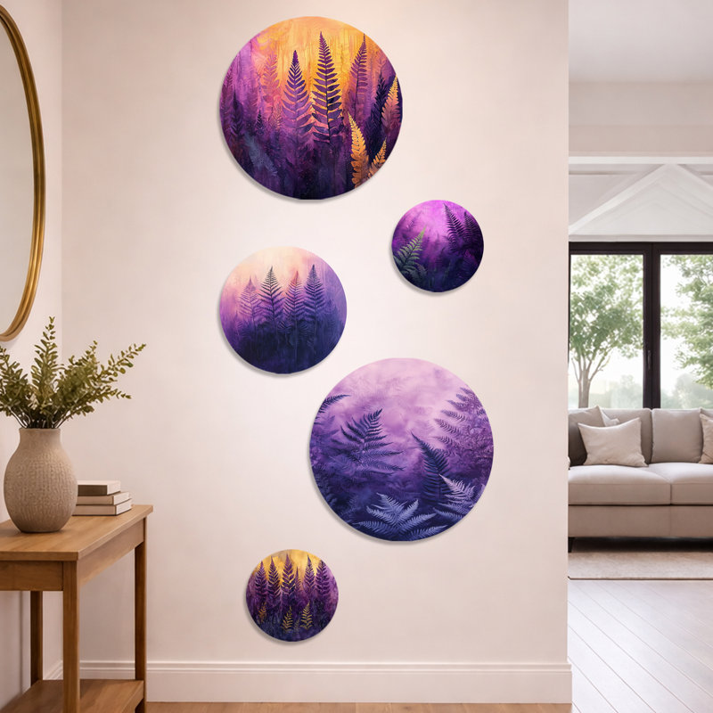 Ensemble de 5 décorations murales en métal Dreaming Ferns In Purple Mist