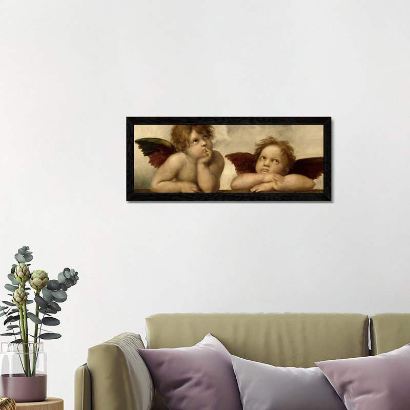 The Two Angels by Raphael - Floater Frame Panoramic Painting on Canvas, Black, 182.88 cm H x 60.96 cm W