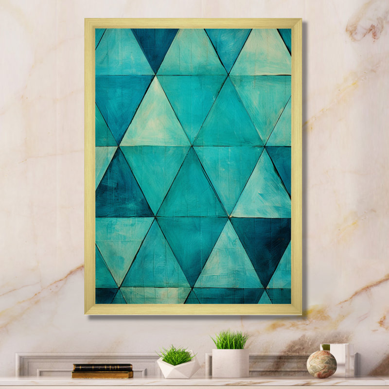 Triangles turquoise sur toile, H 32 po x l 16 po x P 1 po, Cadre doré simple