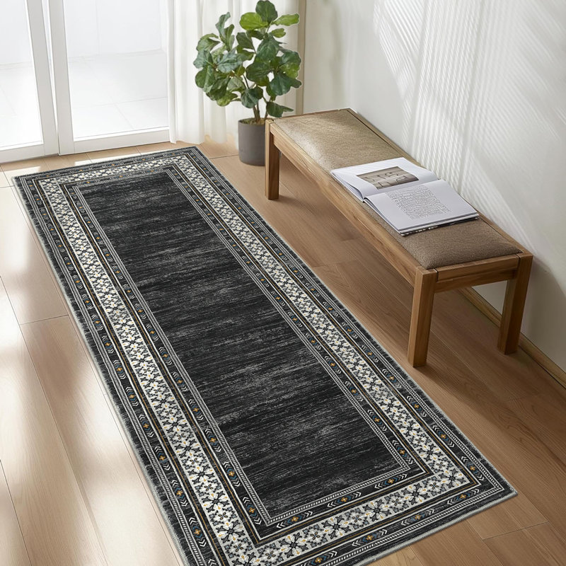 Tapis lavable à bordure moderne Tapis antidérapant pour tapis de cuisine, Noir, Tapis de couloir 2 pi x 6 pi