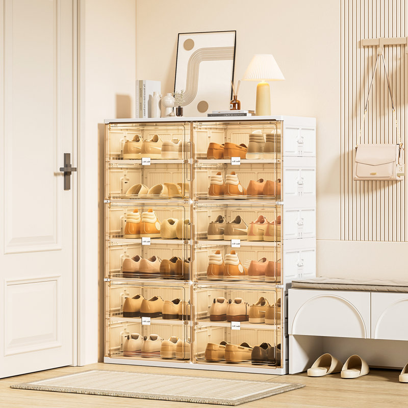 10-Tier Double Column Foldable Shoe Storage Cabinet With Magnetic Doors For Closet Entryway In White