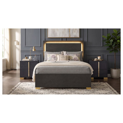 Ensemble de chambre à coucher complet Josephine 3 pièces avec tête de lit et tables de chevet à DEL, bois d'ingénierie noir