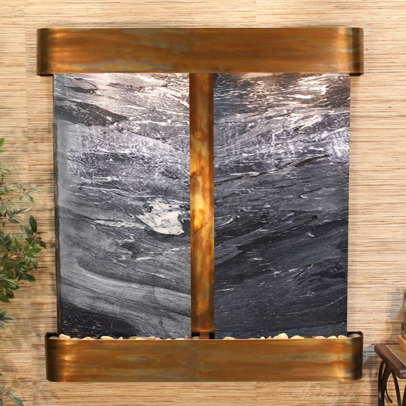 Aspen Falls Natural Stone Fountain with Light, Black Spider Marble, Rustic Copper