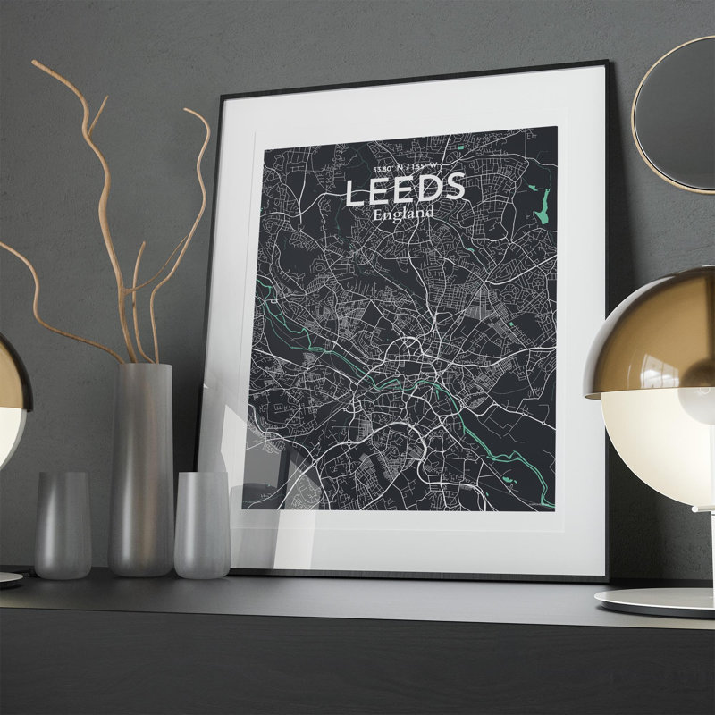 Carte de la ville de Leeds, impression, Vert / gris, H 20 po x l 16 po