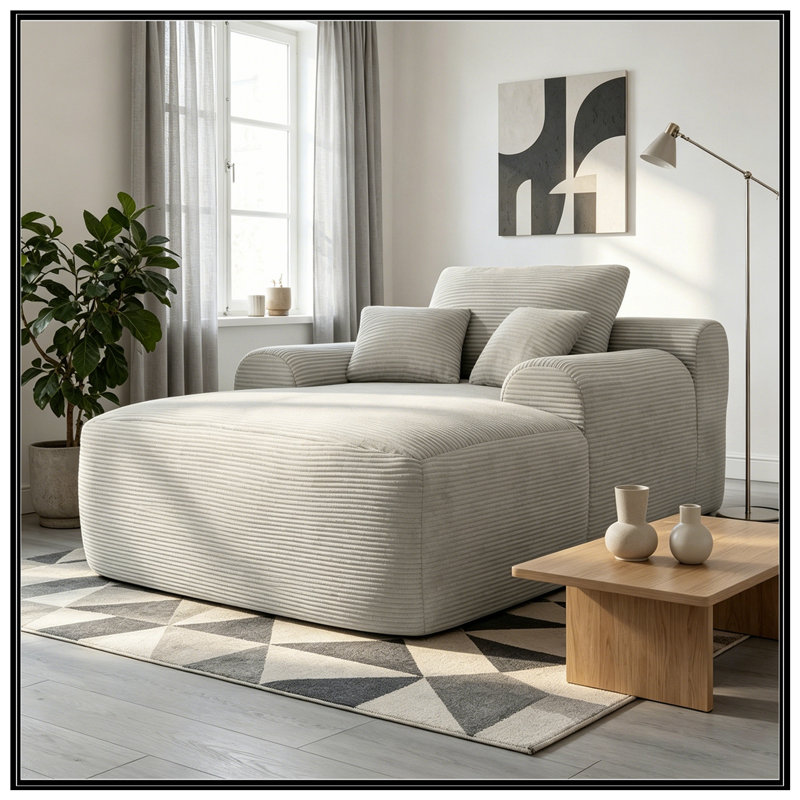 Chaise longue avec accoudoirs larges et coussins décoratifs, Chameau