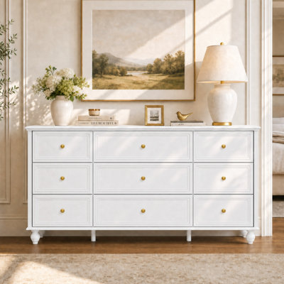 Commode 9 tiroirs l 63 po avec 3 grands tiroirs centraux et boutons dorés