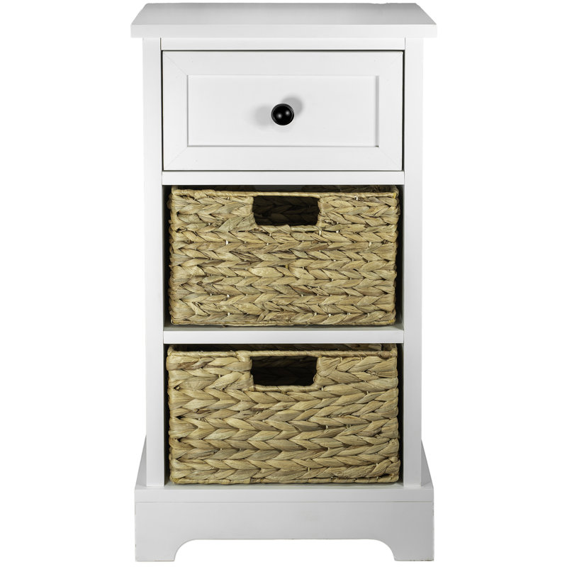 Armoire de rangement pour salle de bain avec 2 paniers tissés et tiroir, l 15 po x P 11 po x H 28 po, bois d'acacia, brun (blanc)