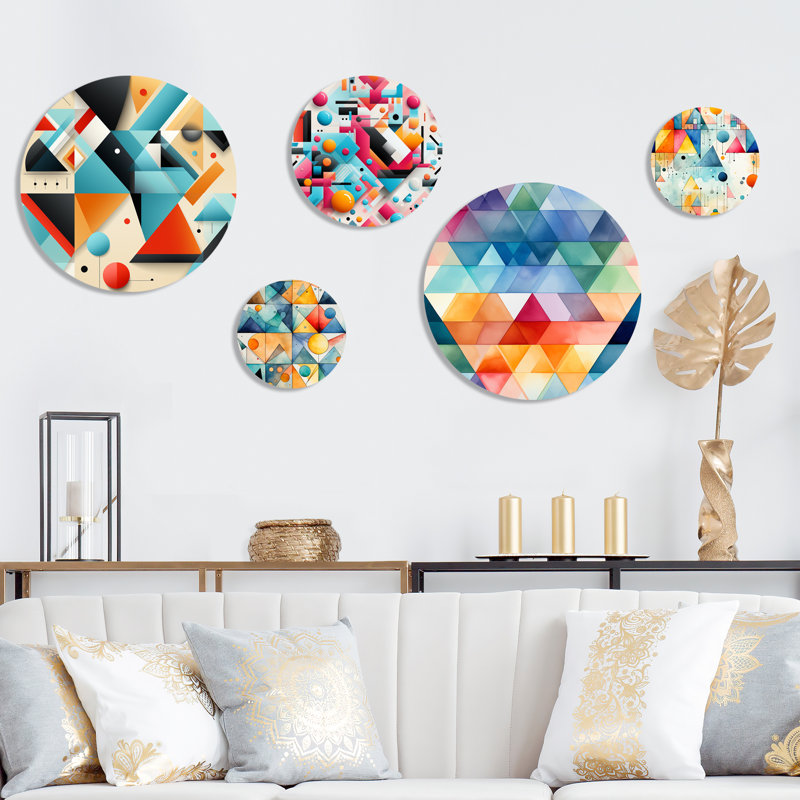 Motif géométrique triangulaire Revival - ensemble d'art mural moderne rond géométrique de 5