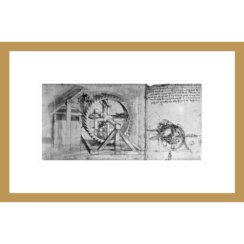 Conceptions pour un tapis roulant avec quatre arbalètes (arbalète tournante) fol. 387r Codex Atlanticus par Leonardo da Vinci, impression giclée sur cadre