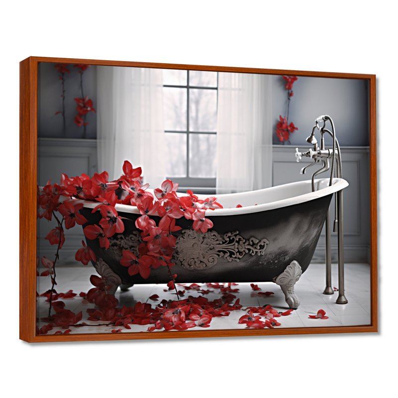 «Red Floral Bath I» - Art mural pour la lessive dans le salon, H 16 po x l 32 po x P 1 po, Cadre flottant brun