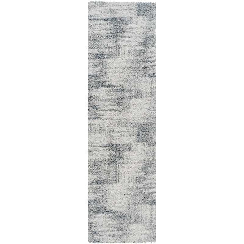Tapis moderne à poils longs abstraits Haven ivoire et bleu, lavable, Ivoire/bleu, 2 pi 6 po x 8 pi 0 po