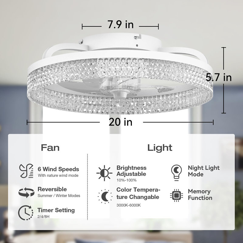 Ventilateurs de plafond 20 pouces avec lumières et télécommande, Blanc