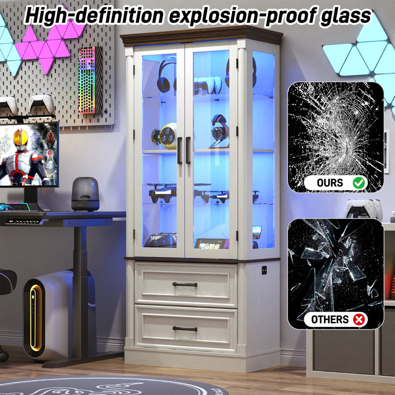 71" Display Cabinet With LED Sensor Lights & 2 Drawers, 5 Tier Bookcase Curio Storage Cabinet With Glass Doors For Office Living Room