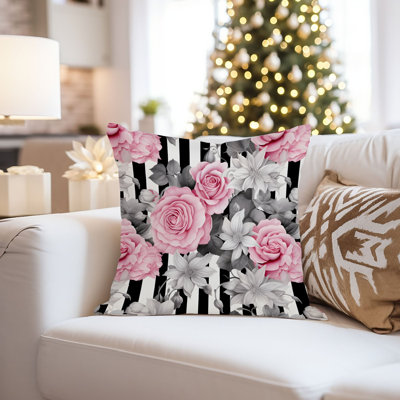 Floral Pink Flowers & Stripes XI Glam Throw Pillow Cover