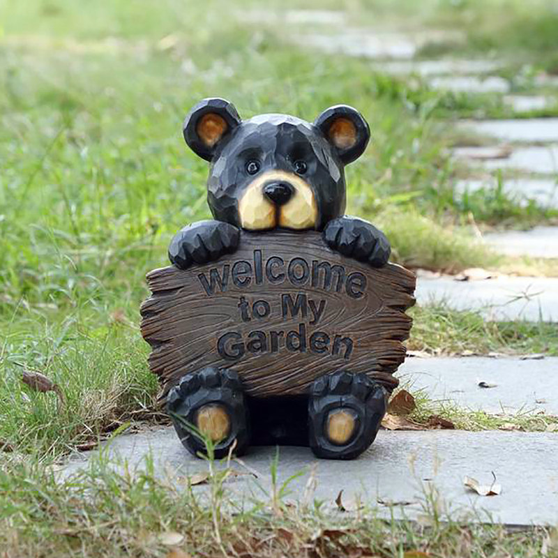 Black Polyresin Bear Cub Garden Statue with Welcome Sign