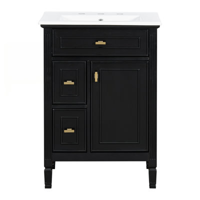 Meuble-lavabo autoportant de 24 pouces avec lavabo, armoire en bois massif et panneau de fibres à densité moyenne, tiroir rabattable et tablette réglable pour un rangement efficace