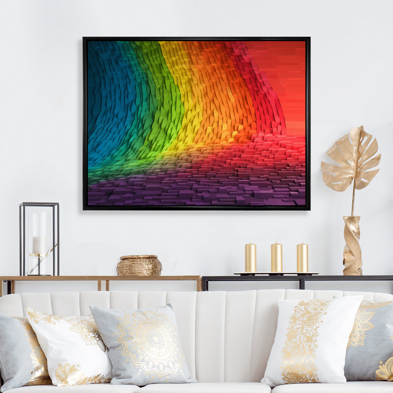 Reproduction sur toile de formes d'ondes représentant un arc-en-ciel abstrait, Cadre flottant noir