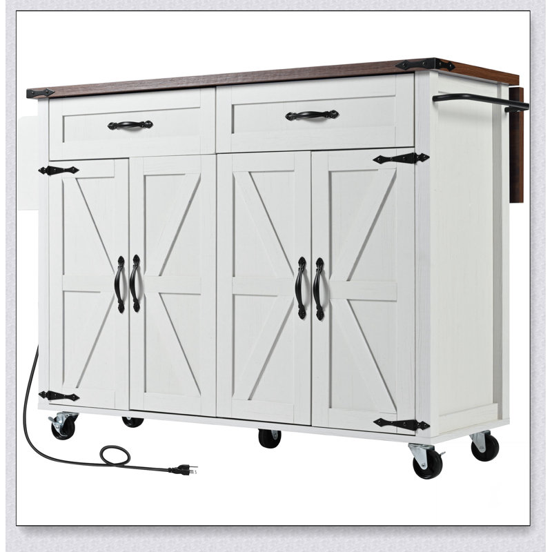 53.5 Inch Farmhouse Kitchen Island with Power Outlet, Spacious Storage, Drop Leaf, and Rolling Wheels for Versatile Use in Home Kitchens