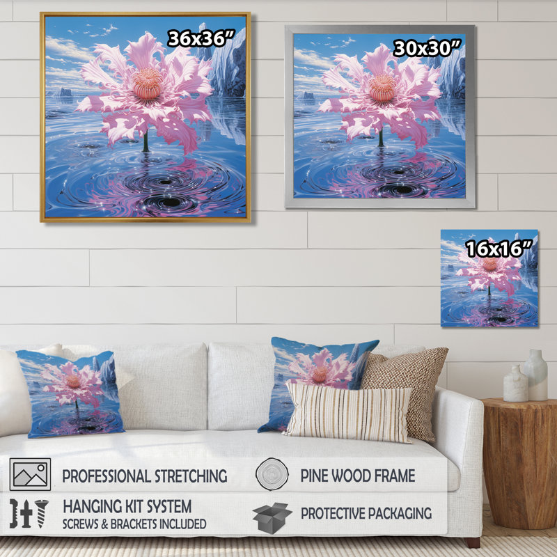 Mystérieux dahlia rose dans un lac de montagne bleu - Dahlia, décoration murale, H 30 po x l 30 po x P 1 po