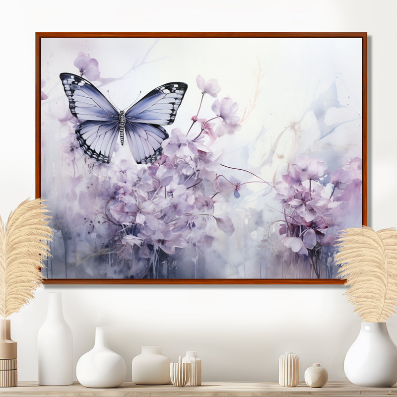 «Mauve papillon enchanté, vol I», art sur toile papillon, 16" H x 32" W, Cadre flottant brun