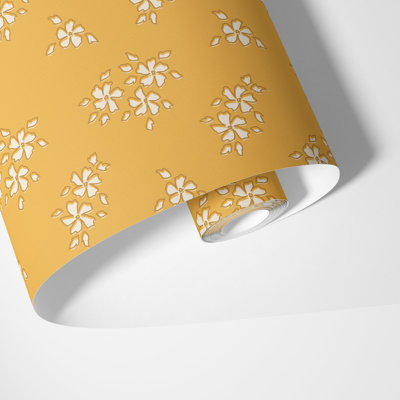 Mustard Yellow Floral Wallpaper, 225"H x 25"W, Pre-pasted Paper