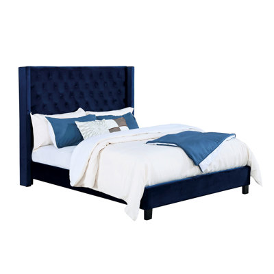 Modern King Bed In Navy Color With Solid Wood, Wingback Design, Button Headboard And Velvet - Like Fabric For Bedroom Use Frame Featuring Upholstery