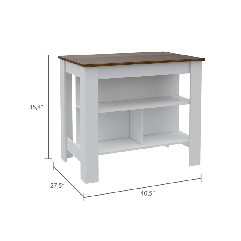 Îlot de cuisine à 3 tablettes blanc et noyer, Blanc/noyer