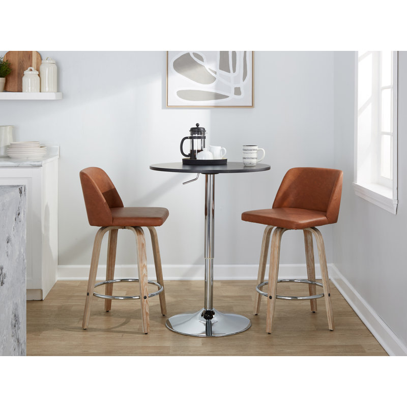 Thea 26" Fixed-Height Counter Stools with Bent Wood Legs & Round Footrest, White Washed/Chrome, Camel Faux Leather