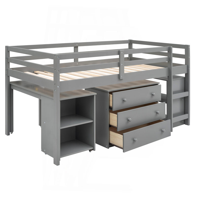 Lit mezzanine simple bas avec cabinet et bureau portatif à roulettes - gris, Gris