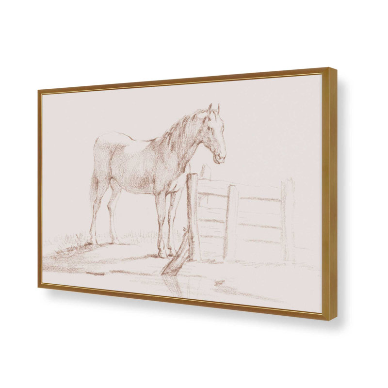 Cheval debout à une clôture par Jean Bernard, reproduction d'art, H 12 po x l 16 po, Doré